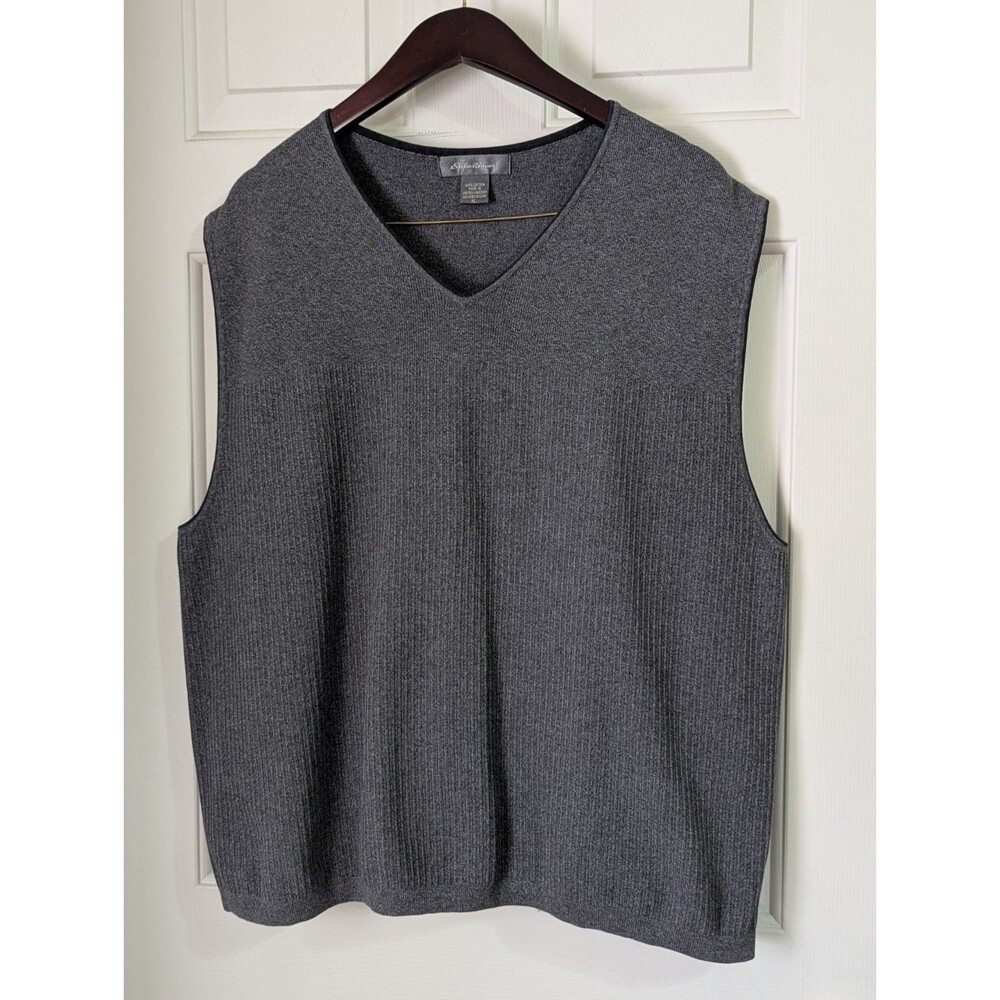 Eddie Bauer V Neck Sweater Vest Mens XL Charcoal Gray Ribbed Knit Stretch Comfy